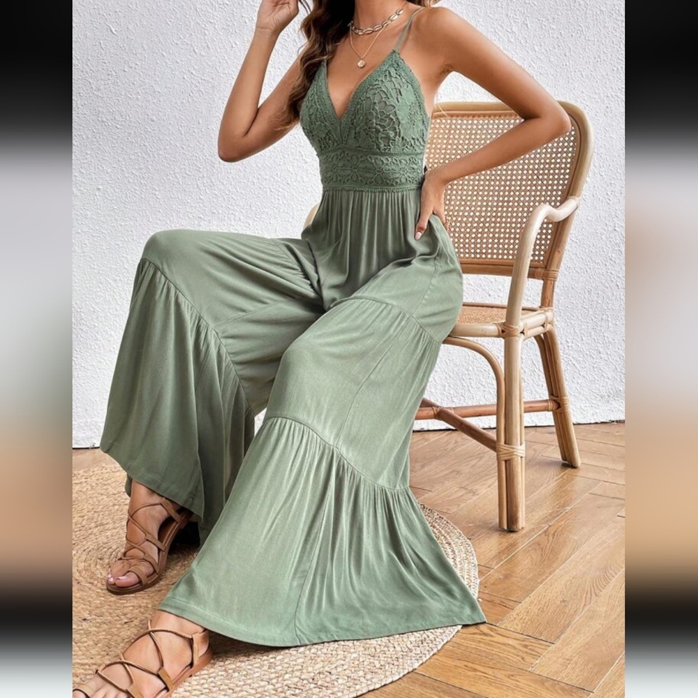 SHEIN VCay Olive Green Lace Contrast Ruffle Hem Jumpsuit Open Back Tie New Med